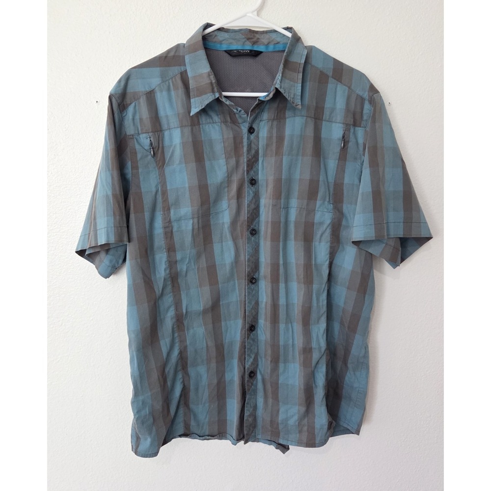 Arc'teryx Men's Blue & Gray Plaid Shirt Brohm Zip Pockets Size Large Hiking